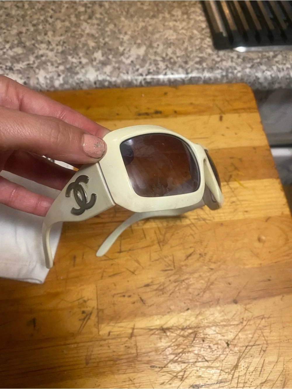 CHANEL Cream Sunglasses with Silver CC Logos